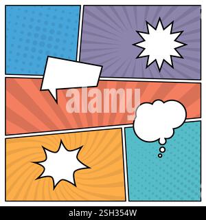Colorful comic book page background in pop art style with empty speech bubbles. Template with rays and dots pattern. Vector illustration Stock Vector