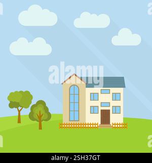 Lone two-storey house in a field with two green trees. Vector illustration. Stock Vector