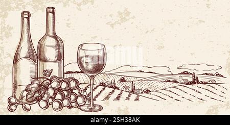 Wine glass, bottles, grape against tuscany landscape, vineyard fields. Vector hand drawn vintage sketch illustration on watercolor background. Winery Stock Vector
