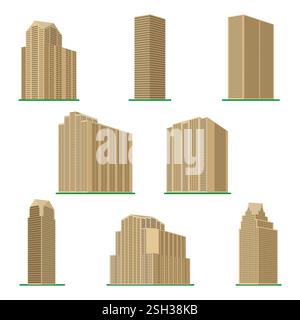 Set of eight  modern high-rise building on a white background. View of the building from the bottom. Isometric vector illustration. Stock Vector