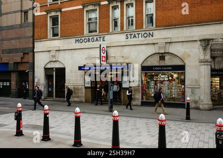 London, UK - March 24, 2024; Street scene entrance to London Moorgate Station Stock Photo