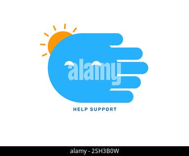 Symbol of human hand with sun. Concept of help and support in the form of open palm with smiling eyes. Vector flat illustration. Stock Vector