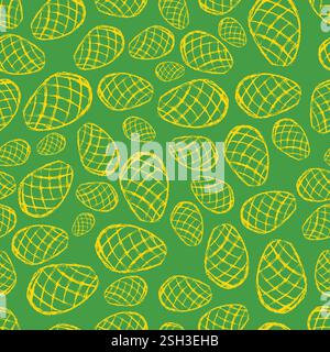 Seamless pattern with hand drawn Easter eggs on a green background. Vector illustration Stock Vector