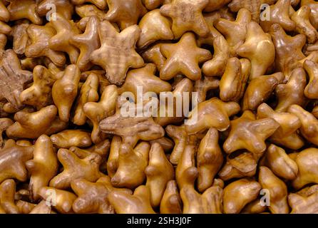 Lots of star-shaped cookies or small gingerbreads, close up shot, abstract bakery food background Stock Photo