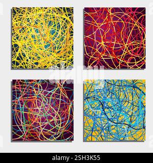 Set of four beautiful abstract backgrounds  with moving colorful lines. Bright background of curves lines with a lot of colors. Vector illustration. Stock Vector