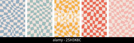 Groovy Checkered Background set. Isolated Retro Twisted Template. Waves Trippy Grid. Trendy print 1970s. Hippie aesthetic psychedelic style Stock Vector