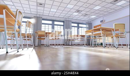 Empty classroom with wooden tables and chairs awaiting students 3d Stock Photo