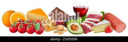 Collage and various foods with Histamine isolated on white background Stock Photo