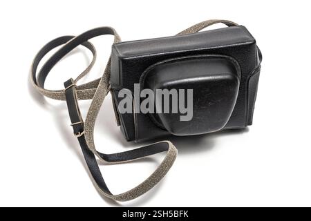 Black leather case for retro camera, highlighted on white background Stock Photo