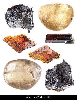 various specimens of uncut rutile and ilmenorutile rocks cutout on white background Stock Photo