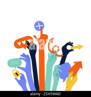 Hands holding icons. conceptual pictures with colorful hands and social markers speech bubbles, arrows and pointers Stock Vector