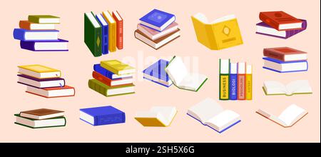 Books. Collection of different stacks books and magazines recent vector vector literature concept illustrations Stock Vector