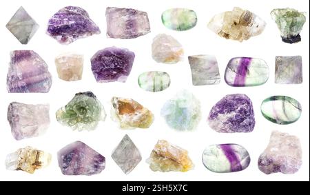 various specimens of uncut fluorite rocks cutout on white background Stock Photo