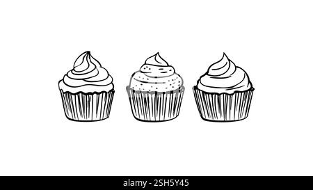 Three cupcakes illustration. Cream topping and decorative sprinkles feature. Ideal food blog bakery design element. Hand-drawn sketch style Stock Vector