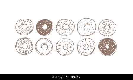 Doodle donuts pattern illustration. Sprinkles and toppings vary style. Perfect menu design pastry shop. Hand-drawn line art neutral background Stock Vector