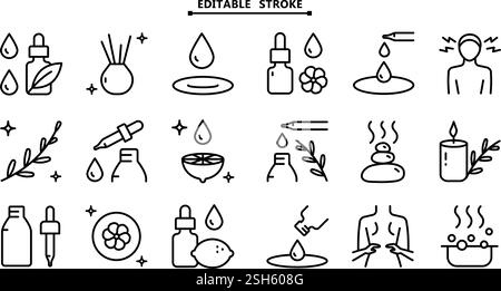 Essential oils aromatherapy icons set. Collection of essential oils perfume. Vector simple signs for web design isolated on white background. Stock Vector