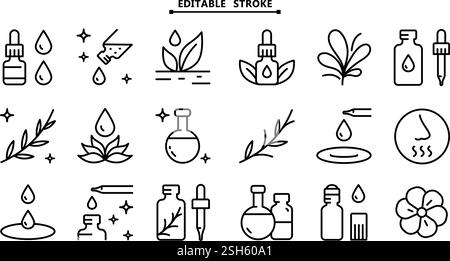 Essential oils aromatherapy icons set. Editable stroke. Collection of essential oils perfume. Vector signs for website design, mobile app, ui. Stock Vector