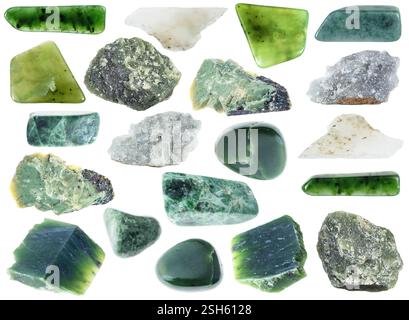 various specimens of uncut jade rocks cutout on white background Stock Photo