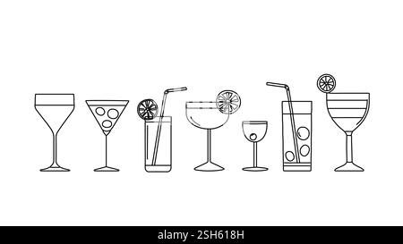 Various cocktails outline. Lemon slice decorations and straws added. Suitable restaurant menu design and bar promotions. Minimalist line art style Stock Vector