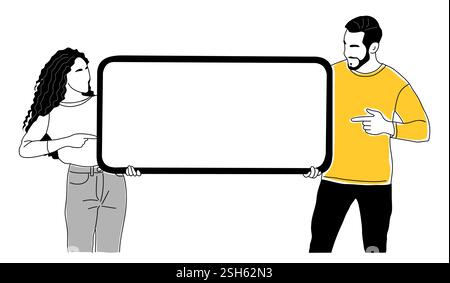 Young couple with big phone, showing blank screen Stock Vector