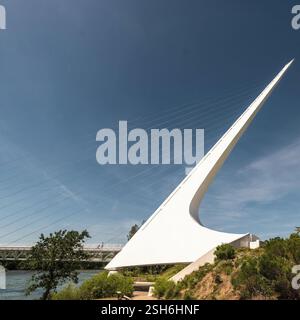 Sundial Bridge Architecture: Dynamic view of a modern cable-stayed bridge, showcasing futuristic design and engineering against a clear sky. Stock Photo