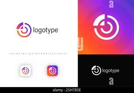 Circular logo with segments forming digital target, symbolizing precision, strategy, technology. Ideal for IT, radar systems, searching technology Stock Vector