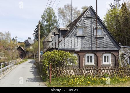 Listed Umgebindehaeuser in the Laeuterau, Seifhennersdorf, Zittauer Gebirge, Saxony, Germany, Europe Stock Photo