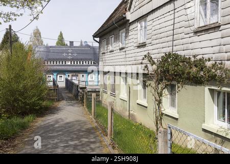 Listed Umgebindehaeuser in the Laeuterau, Seifhennersdorf, Zittauer Gebirge, Saxony, Germany, Europe Stock Photo
