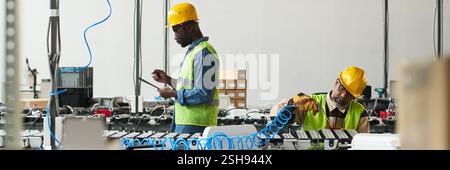 Header of two intercultural male professionals looking through document and taking notes and using electric handtool Stock Photo
