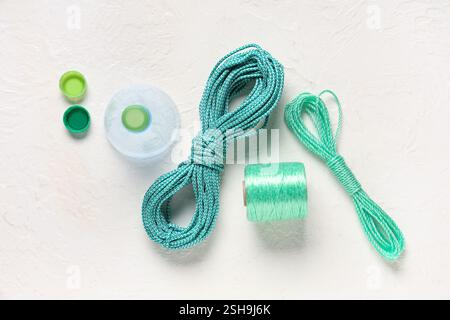 Different ropes with cut-off top of plastic bottle and caps on light background Stock Photo