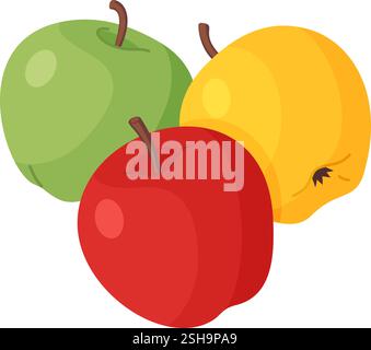 Three apples, yellow green and red juicy fruit Hand drawn trendy flat style isolated icon. Vector illustration Stock Vector