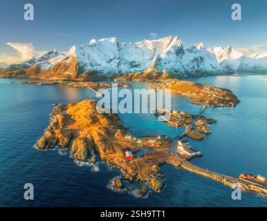 Winter in Lofoten islands, Norway. Top view of snowy mountains Stock Photo