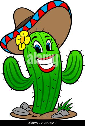 Cactus Girl with Sombrero, Hand Drawn Vector illustration, Isolated On Transparent Background Stock Vector