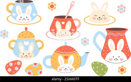 Cute Easter Tableware Set Decorated With Funny Bunny and paschal Eggs. Isolated Festive Items on White Background. Vector Flat illustration Stock Vector