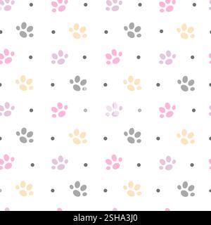 Cute cat animal paw prints path simple cartoon seamless pattern vector illustration, domestic pet cute doodle traces, pastel colored cozy home interior concept Stock Vector