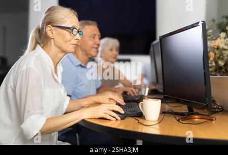 Old woman learning computer programs in training room Stock Photo