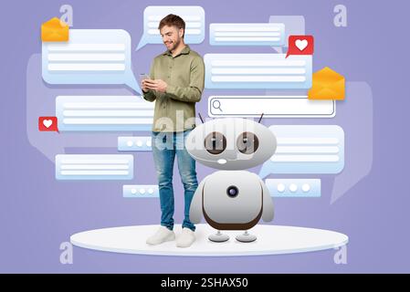 Engaging interaction with virtual assistant technology and communication tools Stock Photo
