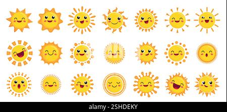Sun characters drawing clipart set. Sun emoticon clip art yellow character in happy, cute, fun and playful facial expression collection vector Stock Vector