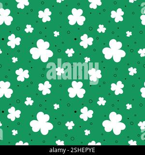 Shamrocks seamless pattern St Patricks Day green background and clover leaves and doodle elements. Saint Patricks March 17 holiday backdrop. Vector Stock Vector