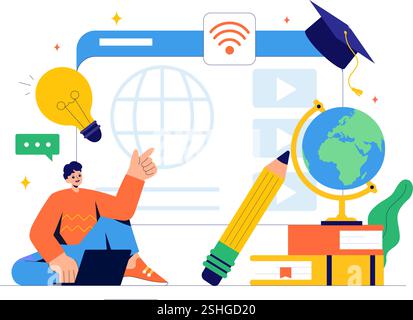 Online Education and Knowledge Books Vector Illustration Featuring People Studying with School Supplies and Learning Materials in a Background Stock Vector