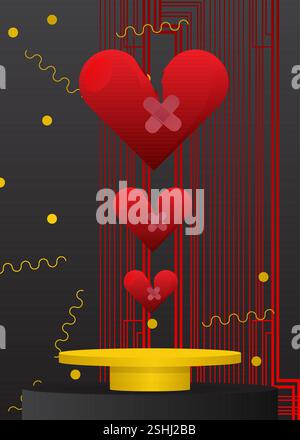Mockup product display with Broken Heart. Vector cylinder pedestal podium. Stage showcase for presentation. Minimal geometric forms. Stock Vector
