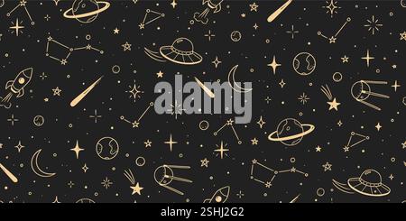 Space star galaxy vector seamless pattern. Hand drawn doodle sketch line style galaxy planet star, rocket, moon cute sky background. Space planet kid doodle universe pattern. Vector illustration Stock Vector