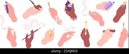 Hands hold cigarettes and lighters. Men women holding vape, match with flame, cigar with smoke, pipe. Smokers with equipment, addiction racy vector Stock Vector