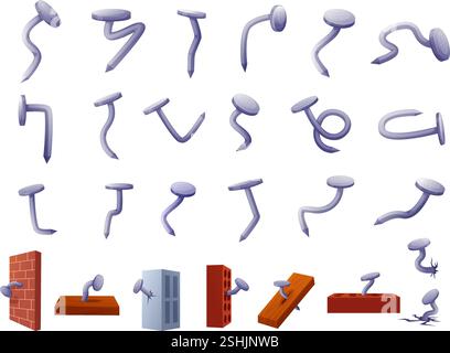 Cartoon steel nails. Modern stainless curved nail. Repair connecting materials hammered into wall, brick, wood. Home renovation process, nowaday Stock Vector