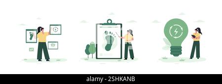 CO2 Neutral. Characters working in green recycling industry. ESG, green energy, sustainable industry. Net zero. Set of Vector illustration in flat Stock Vector