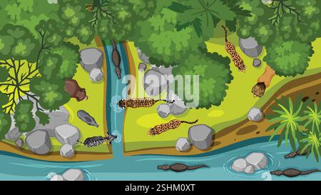 Animals gather by a river in dense forest Stock Vector