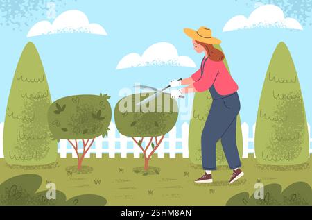 Gardener pruning hedge. Professional garden maintenance, gardening worker in overall cut bush trimming small trees on backyard green nature landscape, classy vector illustration original artwork Stock Vector