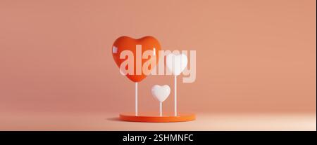 Love shaped candy balloons on round red podium - large heart with small white decorative elements on sticks. Minimal romantic composition on light background for Valentine day festive showcase design. Stock Vector