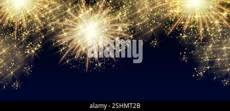 Festive firework border with glowing golden explosions - shimmering firecracker bursts creating frame on dark background. Sparkling light effect pattern with bright stars, rays for celebration banner. Stock Vector