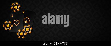 Black casino background with golden glowing poker chips and cards scattered on dark patterned surface. Realistic luxury gambling elements - neon suits symbols on playing aces and gambling tokens. Stock Vector